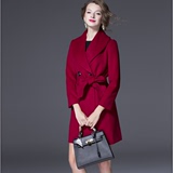 欧美女装2015秋冬装中长款羊毛呢大码外套大衣知性优雅OL气质酒红