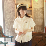 日系森女系夏季学院风可爱考拉刺绣棉麻短袖衬衫女白衬衣宽松大码