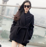 韩版毛呢外套系带收腰长袖黑色韩范气质中长款宽松呢子大衣外套女