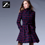 ZK女装21015秋冬装新款格子毛呢外套中长款立领修身时尚呢子大衣
