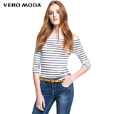 Vero Moda2016秋季新品七分袖一字露肩领条纹修身T恤|316330512