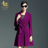青亦品牌女装秋季大码修身纯色中长款长袖英伦双排扣风衣紫色外套