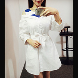 坎蒂夏季韩版海军风条纹假两件露肩背心蝴蝶结衬衫连衣裙配腰带女