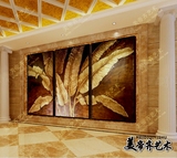包邮东南亚泰式纯高档客厅装饰画壁画金箔芭蕉叶中式三联油画
