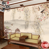 中式山水风景国画墙纸壁画客厅电视背景墙壁纸柳枝燕归来