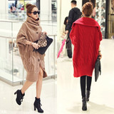 韩国代购秋装新品韩版长款宽松大毛衣外套女冬季加厚蝙蝠开衫高领