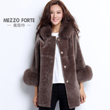 羊剪绒水波纹羊毛大衣2015新款韩版狐狸毛领中长款皮毛一体女外套