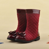 冬季酒红色女童靴子 儿童冬靴公主靴皮布拼接蝴蝶结平底靴雪地靴
