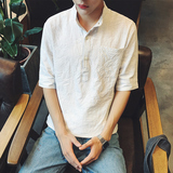 禾子2016新品五分袖修身条纹中袖衬衫小清新韩版潮流男装半袖衬衣