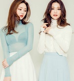 2016韩国代购Chuu春季新款韩版修身高领薄款透视长袖女打底衫T恤
