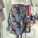 韩国ulzzang2016夏装新款wp复古风花色高腰系带A字裙显瘦半身裙女