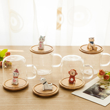 安安家 创意卡通立体小动物木盖玻璃杯茶杯水杯家用耐热牛奶杯子