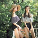 2015年韩国新款黑白小胸抹胸大荷叶花边女分体泳衣高腰遮肚显瘦装