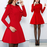 2016春装新款韩版气质女装长袖修身红色加厚大摆连衣裙公主裙