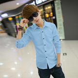 夏季新款纯色长袖衬衫韩版青少年修身休闲衬衣男士薄款长袖衬衫潮