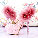 欧美粉色花朵新娘鞋蕾丝水钻超高跟细跟婚鞋红色拍婚纱照鞋女单鞋