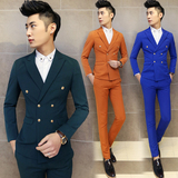 2016春装新款 男装韩版商务休闲西服套装 男修身双排扣西装三件套