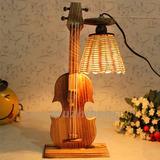木制田园台灯创意提琴卧室床头装饰木质工艺台灯现代简约礼品摆件