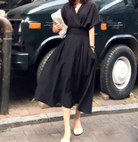 2016夏季韩版新款简约时尚气质纯色收腰V领短袖中长款连衣裙女潮