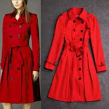 2015秋季新款女装 欧美英伦风经典双排扣红色修身风衣女外套中长