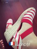 【格格屋】欧洲正品代购Toni Pons欧洲纯手工红白条纹坡跟草编鞋