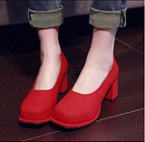 韩国代购 圆头方头厚底松糕粗跟单鞋复古高跟女鞋红色