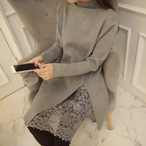 歌菲度2015韩版秋冬新款女装半高领中长款蕾丝针织打底毛衣套头衫