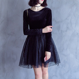 2016秋季欧美新款丝绒蓬蓬裙长袖黑色晚礼服气质修身连衣裙女