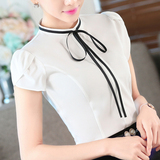 夏季新款2016立领衬衫女短袖 韩版修身OL蝴蝶结职业白色女士衬衣