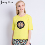 jessy line2016春装新款 杰茜莱百搭卡通图案拼接纯色短袖T恤 女