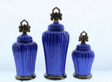 现代复古中式摆件饰品客厅玄关电视酒柜装饰摆设蓝色陶瓷储物罐