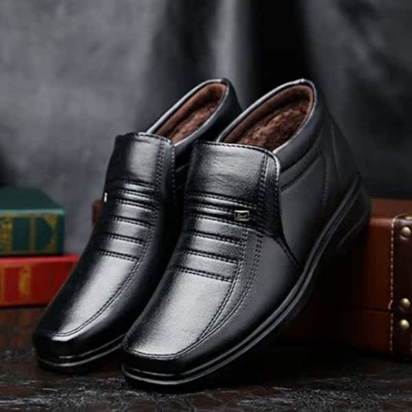 冬季加绒保暖中老年男士棉鞋加厚老人高帮休闲皮鞋防滑工作棉皮鞋