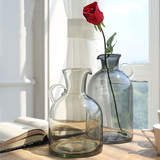 美式乡村彩色玻璃花瓶 欧式家居人工吹制水壶形高档玻璃花器摆件