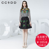 CCDD2016春装新款专柜正品女条纹热带植物印花透视雪纺长袖薄衬衫