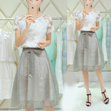 2016春夏装韩版新款女装两件套连衣裙中裙蕾丝短袖套裙纱网裙套装