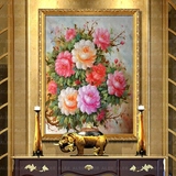 竖版纯手绘油画富贵牡丹花卉欧式中式客厅玄关过道走廊挂画单竖幅