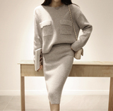 2015春秋装新款女韩国毛衣长袖套头羊绒针织衫包臀长裙套装两件套