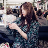 韩国2016夏季新韩版长袖蕾丝拼接名族风连衣裙中长款印花雪纺长裙