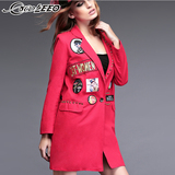 欧洲站秋季时尚女装新品潮牌红色风衣中长款休闲大衣全棉牛仔外套