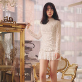 2015冬装新款韩国milkcocoa小立领长袖修身荷叶边裙摆蕾丝连衣裙