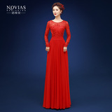 诺维亚长袖蕾丝露背红色婚纱礼服 2015新款宴会主持人晚长款礼服