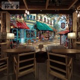 3d欧式复古城市街景油画咖啡厅奶茶店西餐厅酒吧背景墙纸大型壁纸