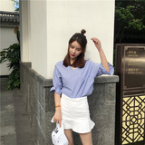 韩版2016夏季新品条纹大V领中袖宽松女式衬衫A358女士衬衣套头衫