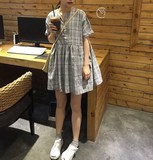 复古chic韩国学院风小清新V领格子拼接褶皱高腰娃娃装短袖连衣裙
