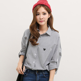 2016秋季新款韩版宽松大码蝙蝠袖衬衫女米奇刺绣条纹长袖
