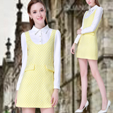 2016早春装新款长袖韩版衬衫领假两件连衣裙淑女气质显瘦打底裙子