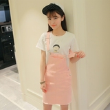 韩版学院学生可爱小丸子T恤+牛仔背带裙两件套装粉色连衣裙短裙女