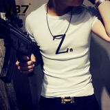 V37夏季男士短袖t恤男圆领青年韩版修身打底衫潮男纯色半袖体恤衫