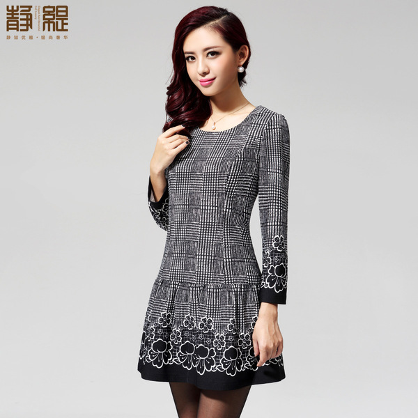 长袖连衣裙春秋 静缇2014新款修身气质黑白格子千鸟格