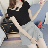 A夏季2016新款女装韩版时尚个性镂空领口修身纯色T恤上衣女7408